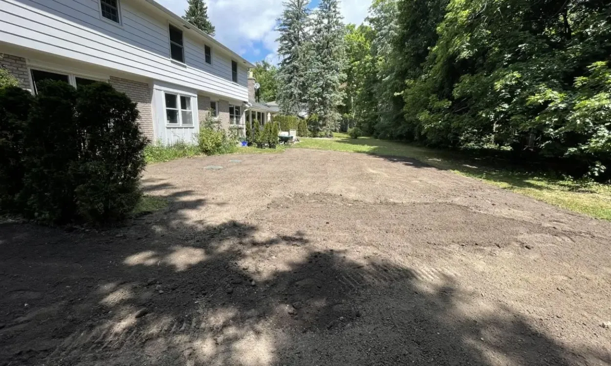A large residential backyard in Hamilton after complete old sod removal, showing freshly graded bare dirt next to a two-story home and mature trees, prepared for new turf.
